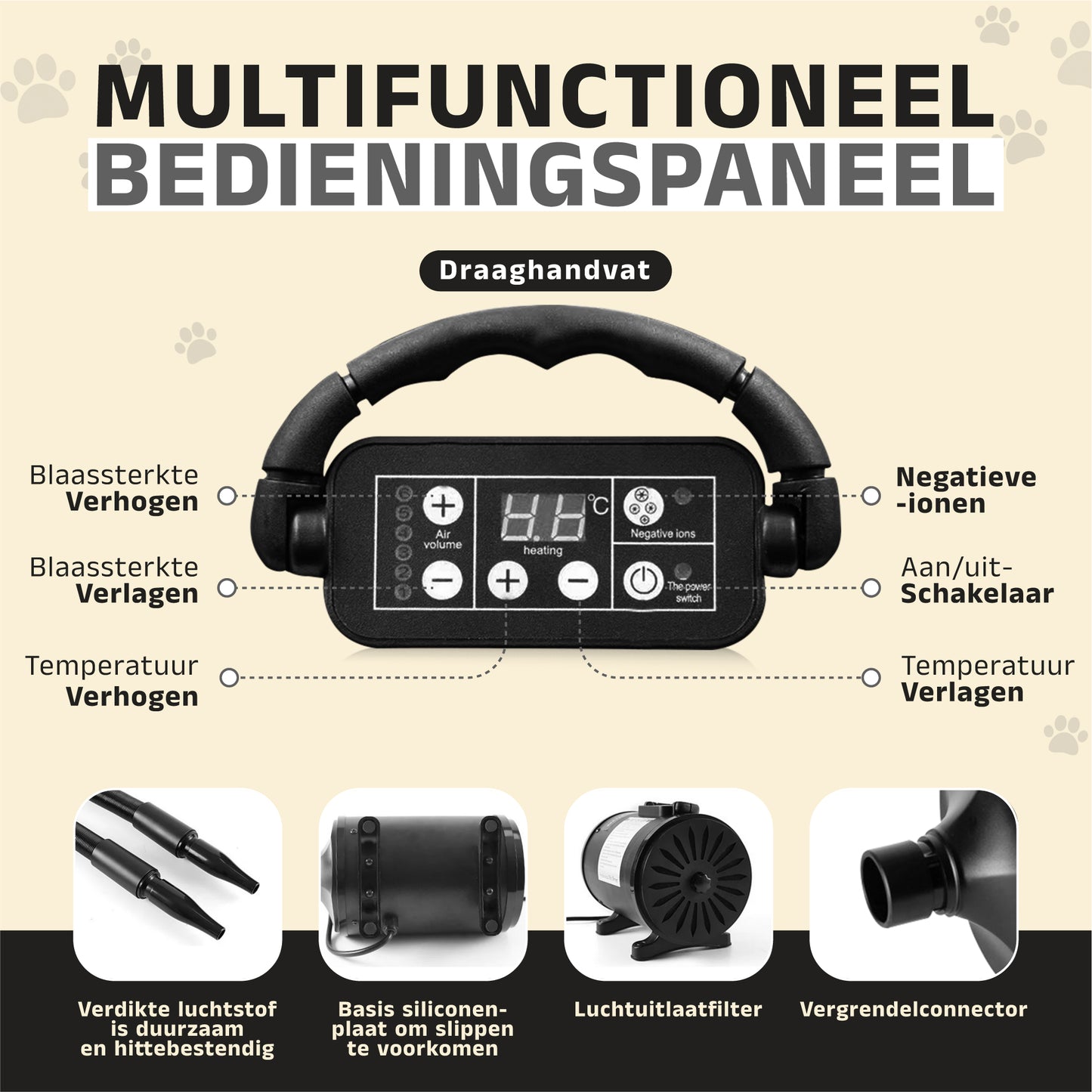 Specialistische hondenfohn - waterblazer voor Honden - Stil Model met geluidsdemper - Verstelbaar Vermogen - Honden Droger - Zwart