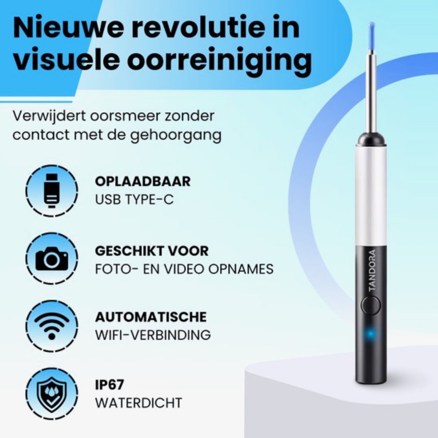 Tandora Oorsmeer Verwijderaar met Camera - Oorreiniger – Oorspuit - Oren Schoonmaken - Ultra HD camera met app - Inclusief reinigingsset en opbergtasje - Oorlepel - Ear Cleaner