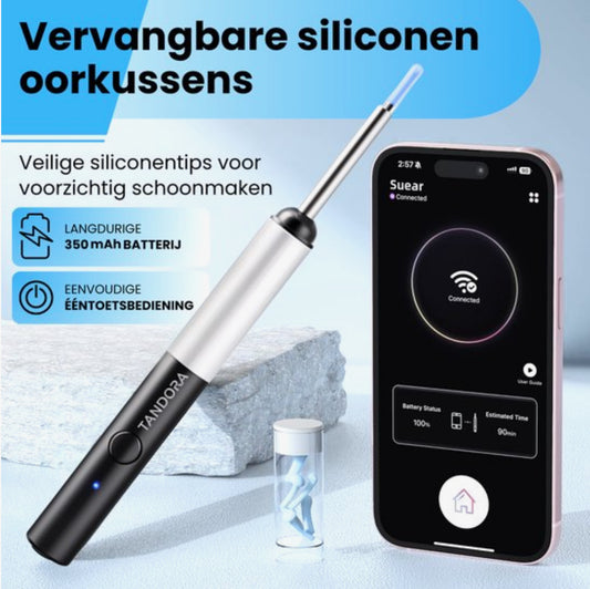 Tandora Oorsmeer Verwijderaar met Camera - Oorreiniger – Oorspuit - Oren Schoonmaken - Ultra HD camera met app - Inclusief reinigingsset en opbergtasje - Oorlepel - Ear Cleaner