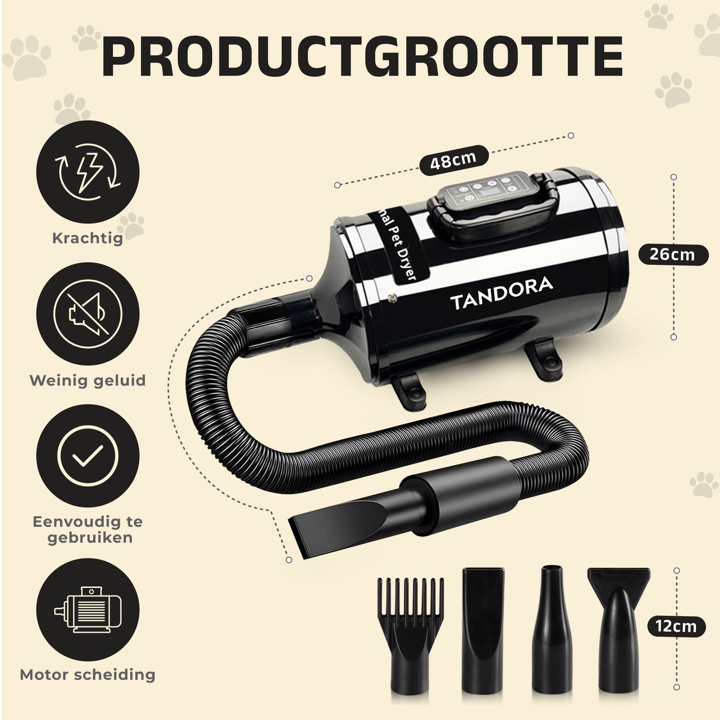 Specialistische hondenfohn - waterblazer voor Honden - Stil Model met geluidsdemper - Verstelbaar Vermogen - Honden Droger - Zwart