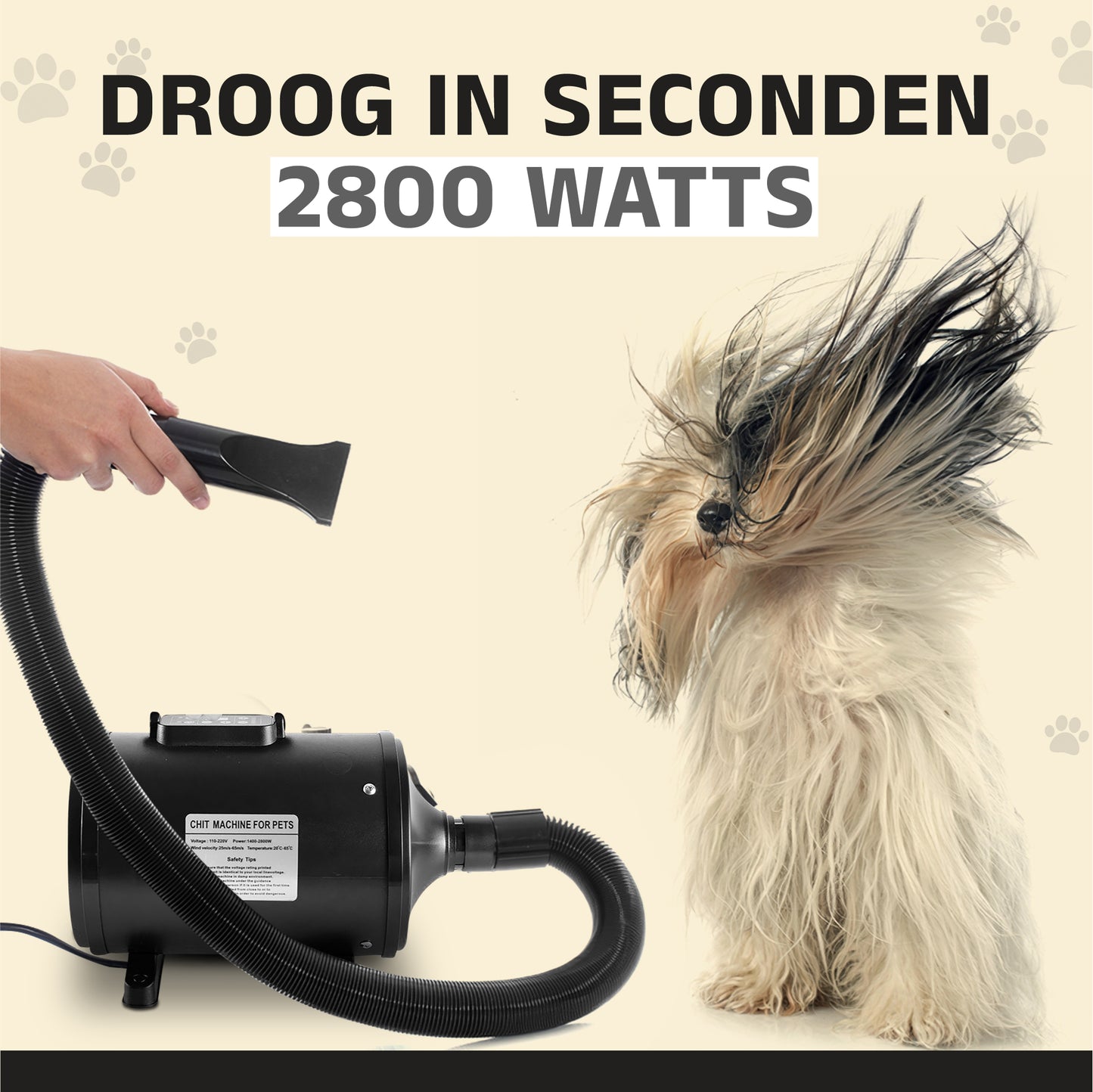 Specialistische hondenfohn - waterblazer voor Honden - Stil Model met geluidsdemper - Verstelbaar Vermogen - Honden Droger - Zwart