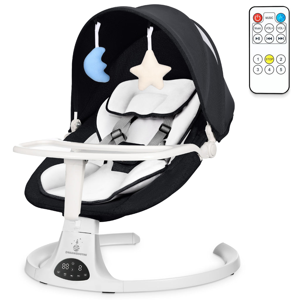 DreamSoothe® - Baby Swing - Elektrische Babyschommel - Automatische Wipstoel voor je Baby - Schommelstoel - Babyswing - Uitneembare Wasbare Wipstoelhoes-zwart\wit
