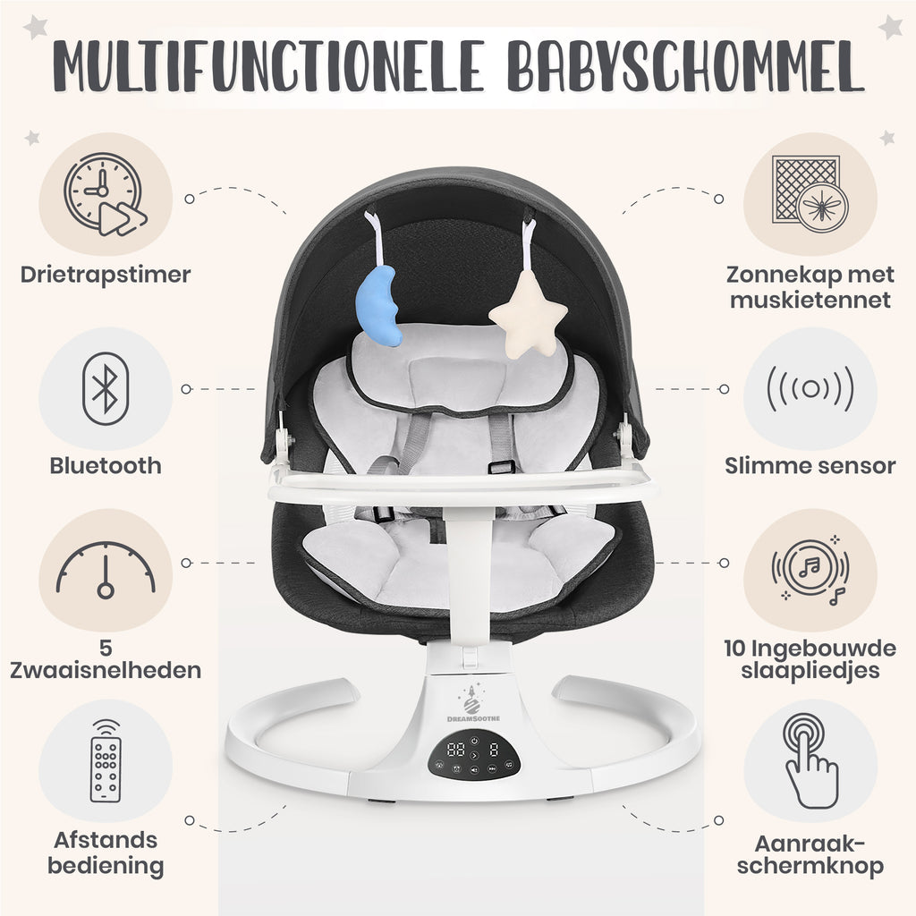 DreamSoothe® - Baby Swing - Elektrische Babyschommel - Automatische Wipstoel voor je Baby - Schommelstoel - Babyswing - Uitneembare Wasbare Wipstoelhoes-zwart\wit