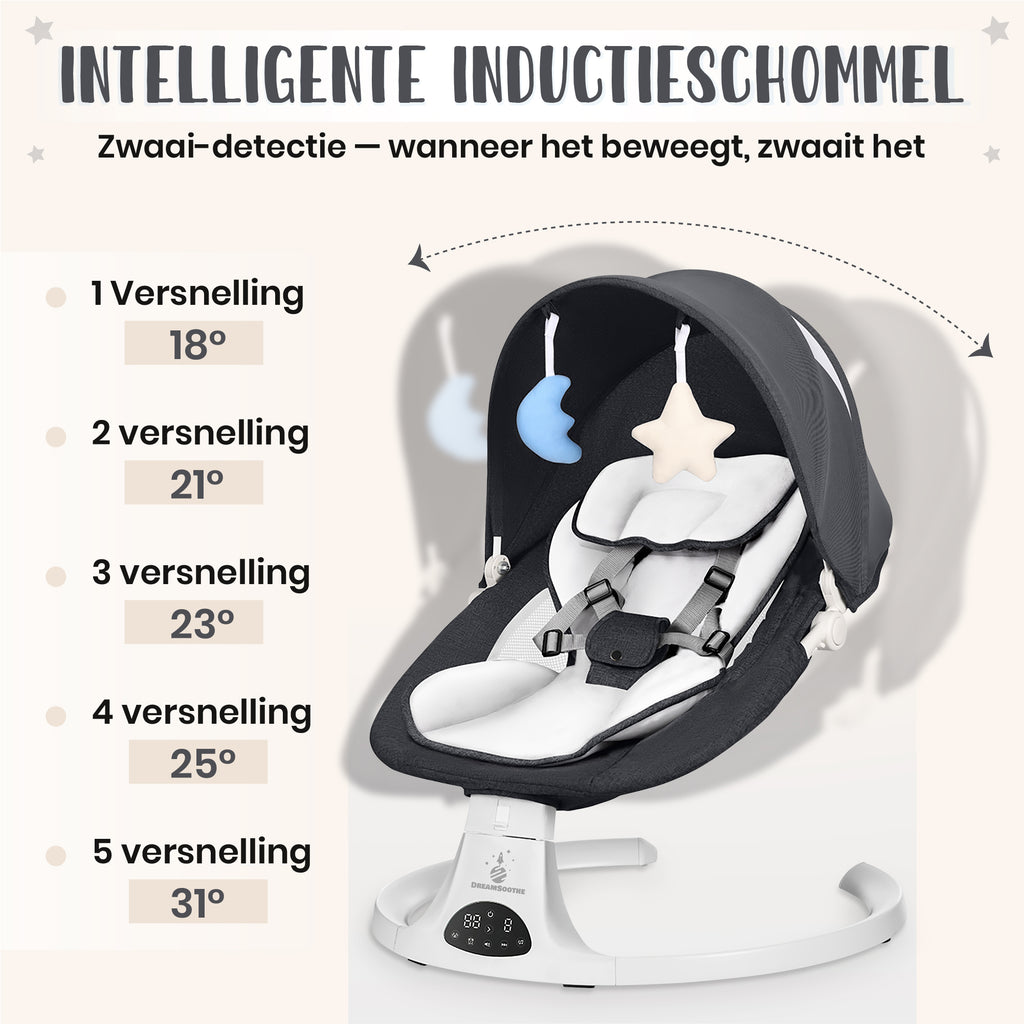 DreamSoothe® - Baby Swing - Elektrische Babyschommel - Automatische Wipstoel voor je Baby - Schommelstoel - Babyswing - Uitneembare Wasbare Wipstoelhoes-zwart\wit