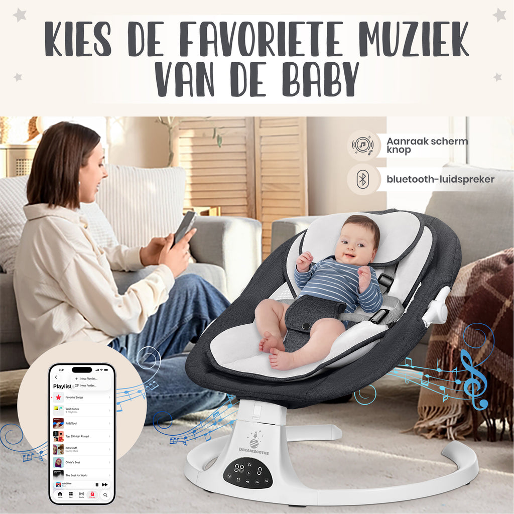DreamSoothe® - Baby Swing - Elektrische Babyschommel - Automatische Wipstoel voor je Baby - Schommelstoel - Babyswing - Uitneembare Wasbare Wipstoelhoes-zwart\wit