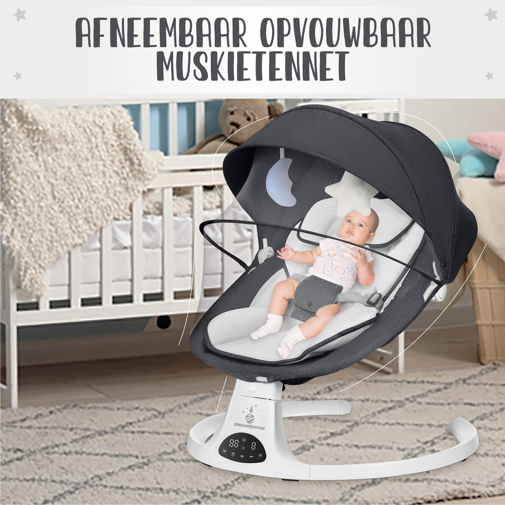DreamSoothe® - Baby Swing - Elektrische Babyschommel - Automatische Wipstoel voor je Baby - Schommelstoel - Babyswing - Uitneembare Wasbare Wipstoelhoes-zwart\wit