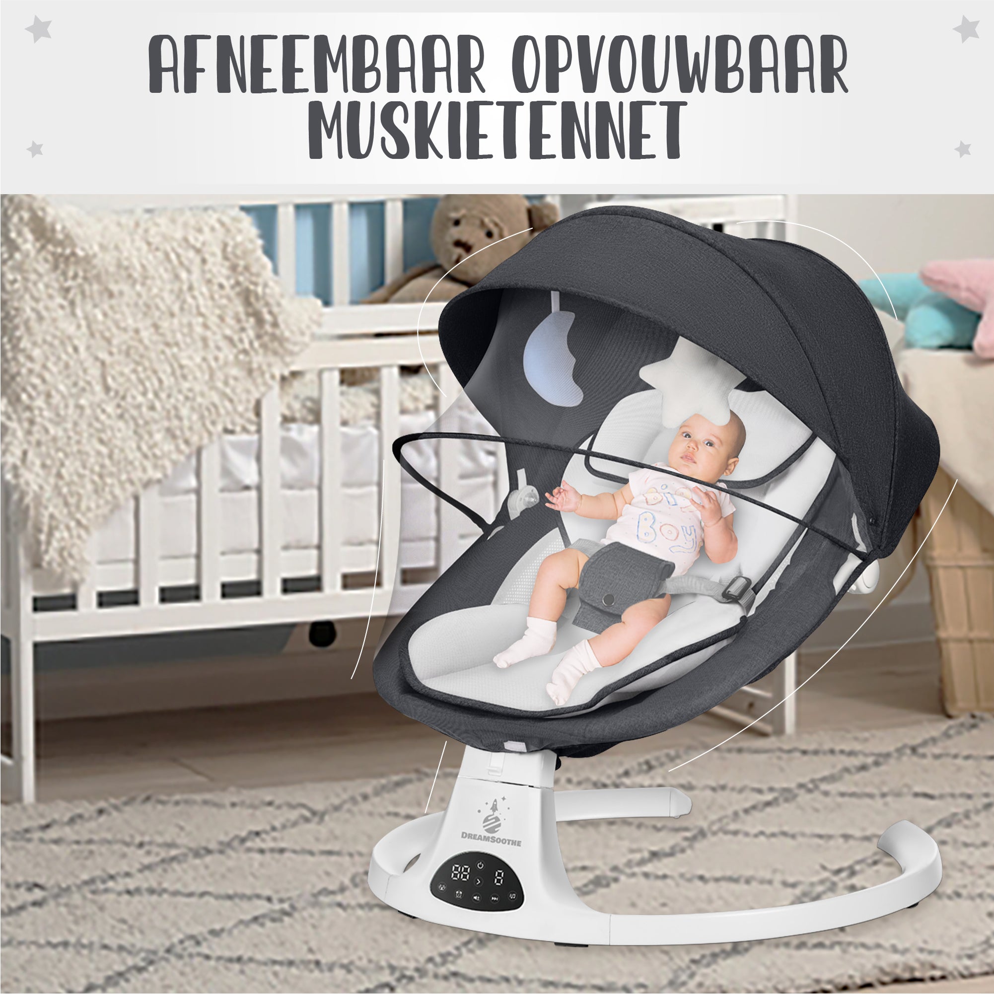 DreamSoothe® - Baby Swing - Elektrische Babyschommel - Automatische Wipstoel voor je Baby - Schommelstoel - Babyswing - Uitneembare Wasbare Wipstoelhoes-zwart\wit