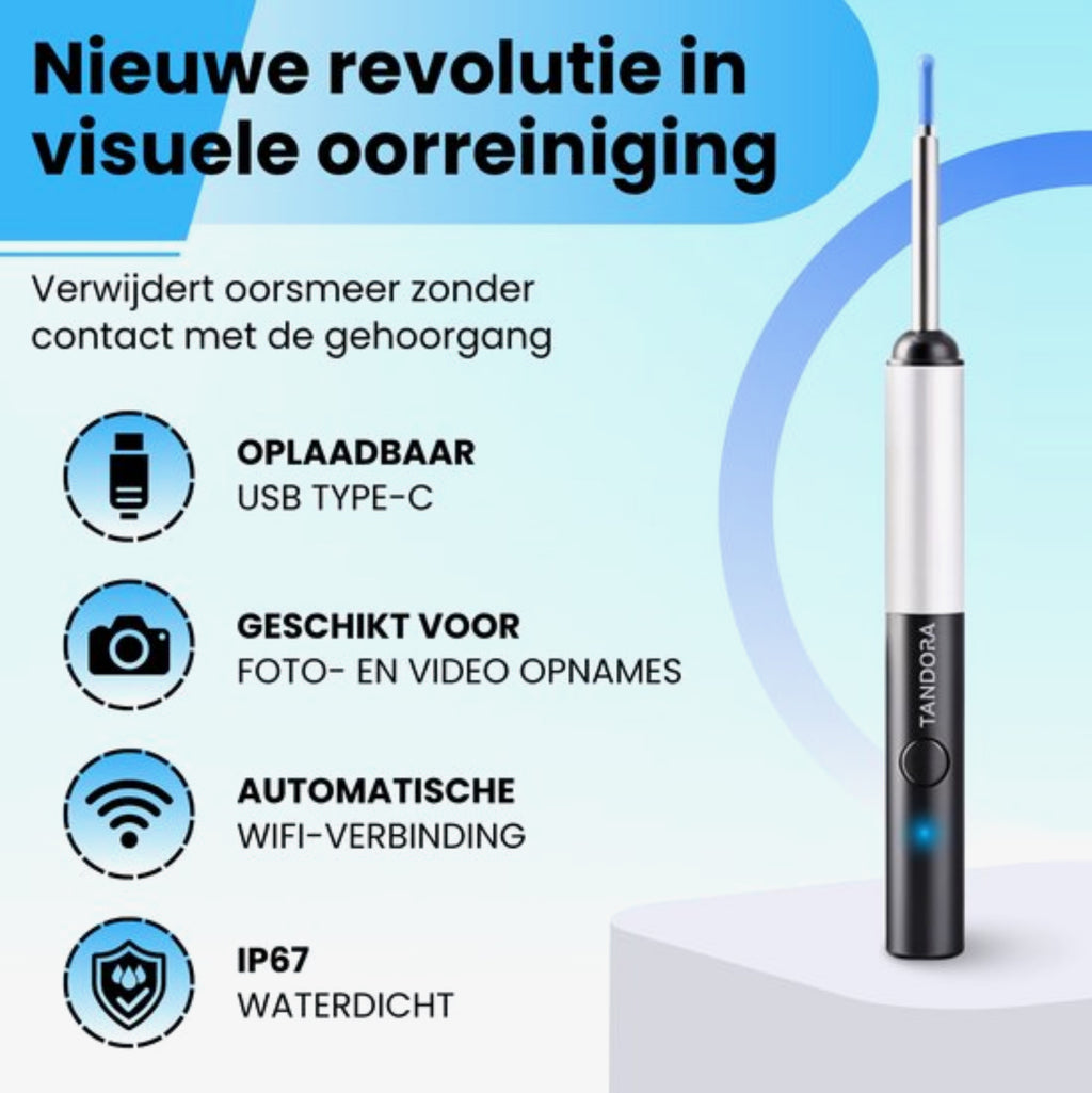 Tandora Oorsmeer Verwijderaar met Camera - Oorreiniger – Oorspuit - Oren Schoonmaken - Ultra HD camera met app - Inclusief reinigingsset en opbergtasje - Oorlepel - Ear Cleaner