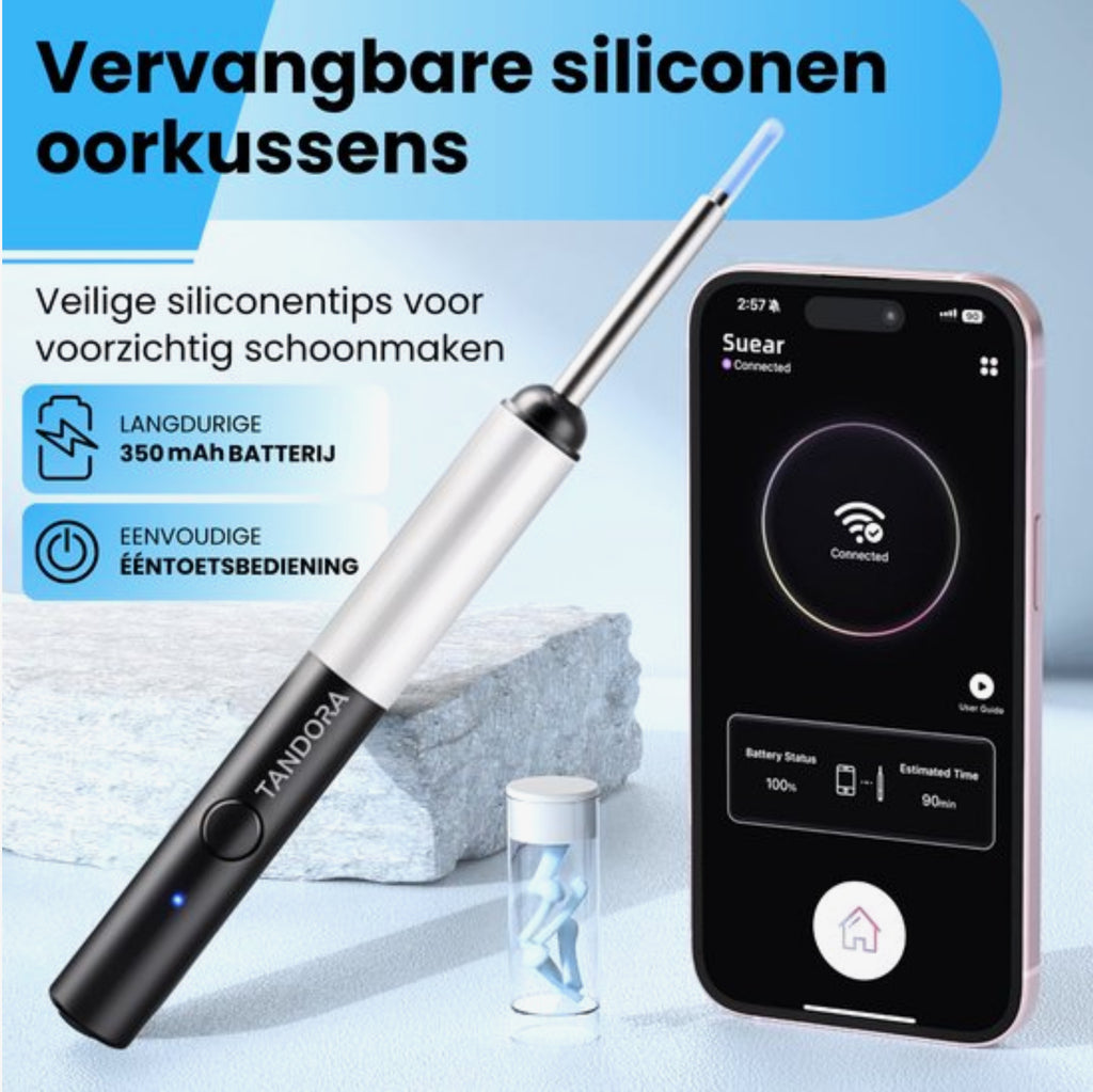 Tandora Oorsmeer Verwijderaar met Camera - Oorreiniger – Oorspuit - Oren Schoonmaken - Ultra HD camera met app - Inclusief reinigingsset en opbergtasje - Oorlepel - Ear Cleaner